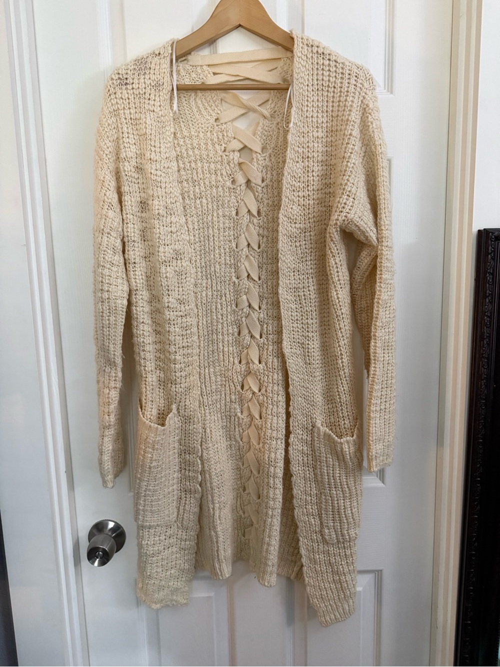 Poof! Cream Open-Front Lace-Up Knit Cardigan